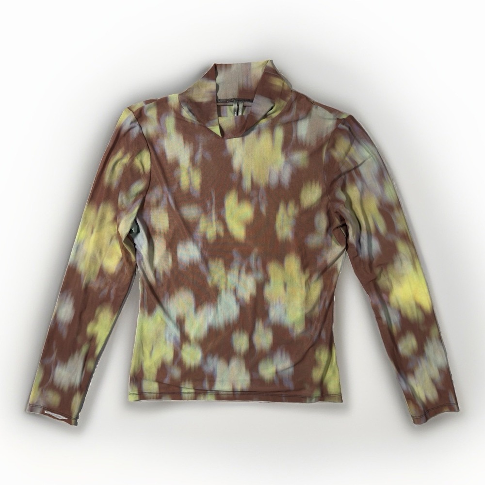 By Anthropologie Mesh Mock Neck Top Women's Medium Abstract Long Sleeve Sheer